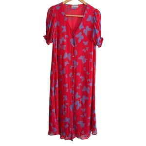 STEFANEL Red Crinkle Chiffon Blue Butterfly Print Swing Midi Shirt Dress Size 4